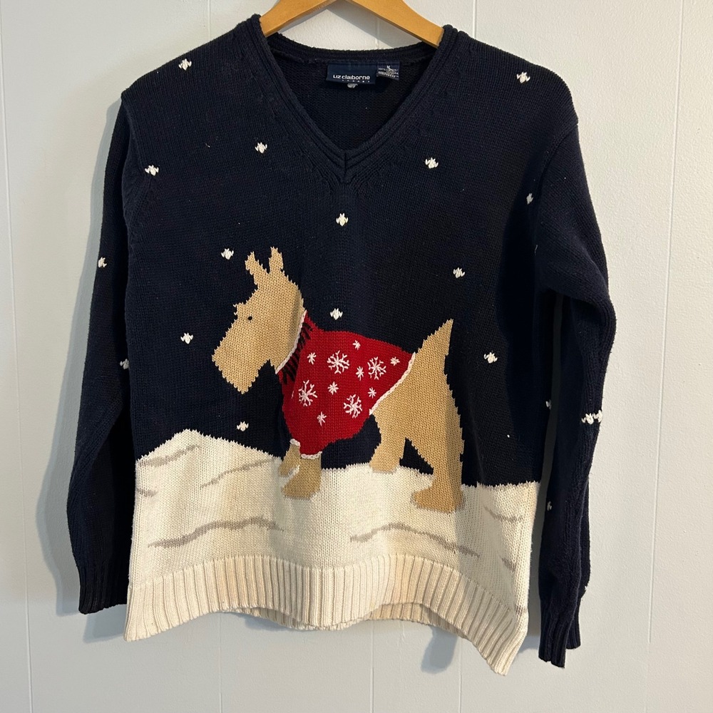 Liz Claiborne Sport Womens V Neck Dog Snowflake Ugly Christmas‎ Sweater M read